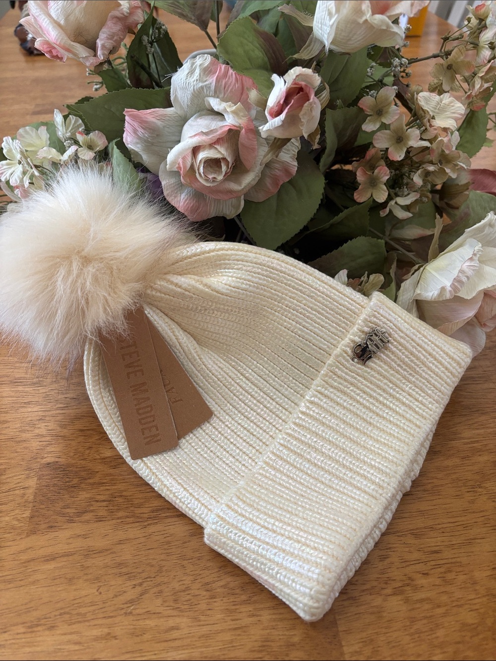 Steve Madden Cream Pom Knit Beanie
